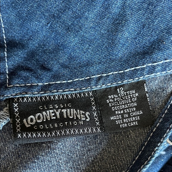 Vintage Y2K Kids Size 12 Looney Tunes Tweety Bird Blue Glitter Denim Overalls - Picture 2 of 10